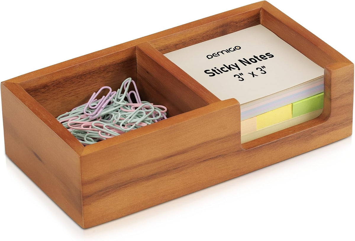 Acacia Wood Sticky Note Holder, 3x3 in Note Organizer, 2-Compartment