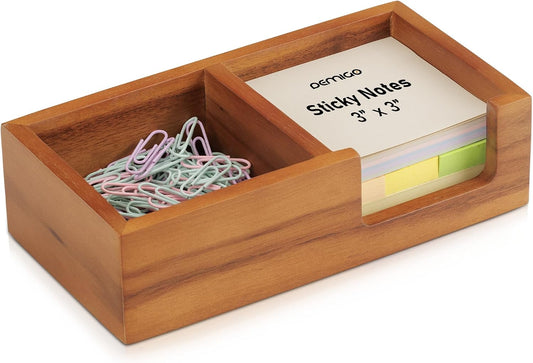 Acacia Wood Sticky Note Holder, 3x3 in Note Organizer, 2-Compartment