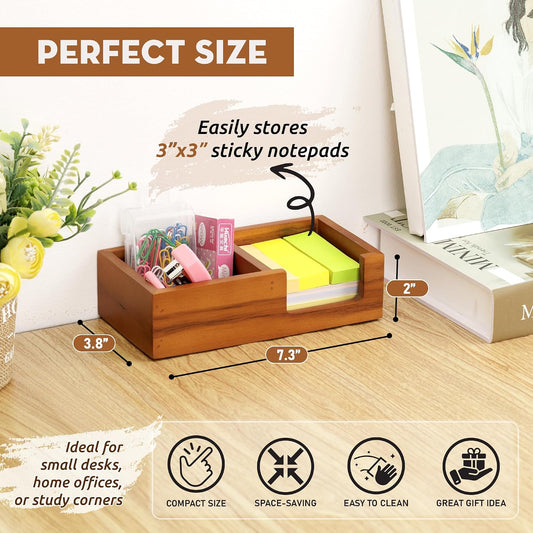 Acacia Wood Sticky Note Holder, 3x3 in Note Organizer, 2-Compartment