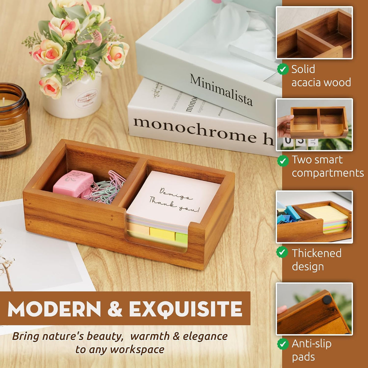 Acacia Wood Sticky Note Holder, 3x3 in Note Organizer, 2-Compartment