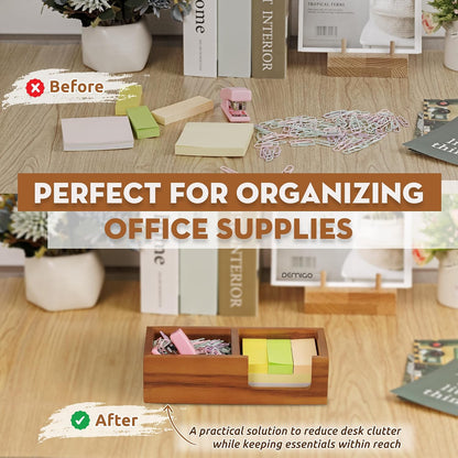 Acacia Wood Sticky Note Holder, 3x3 in Note Organizer, 2-Compartment