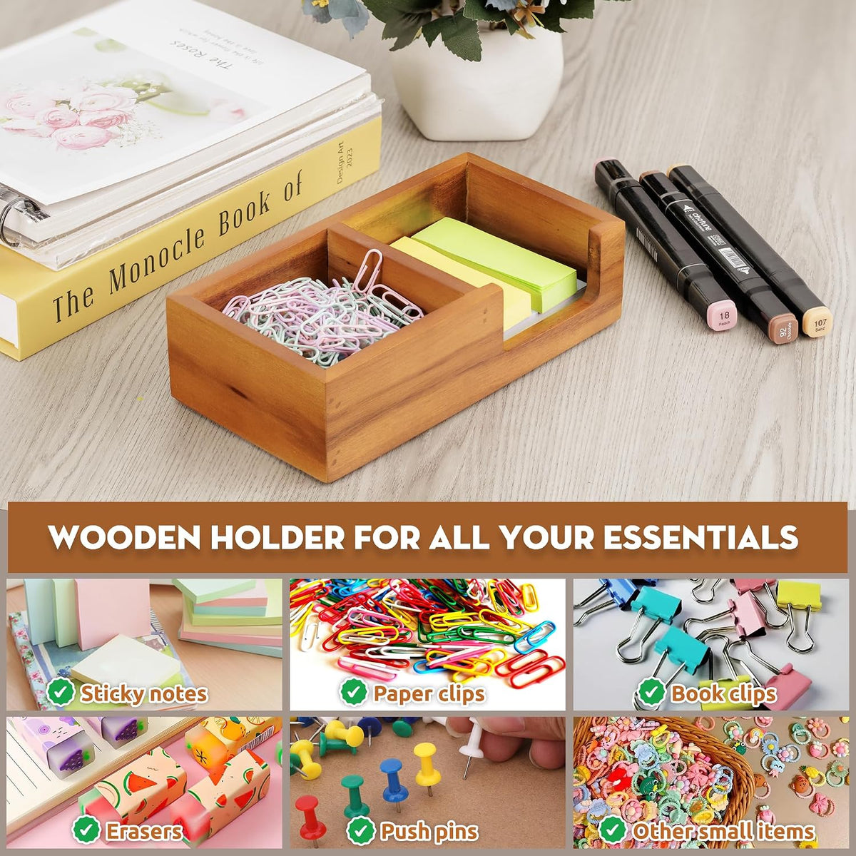 Acacia Wood Sticky Note Holder, 3x3 in Note Organizer, 2-Compartment