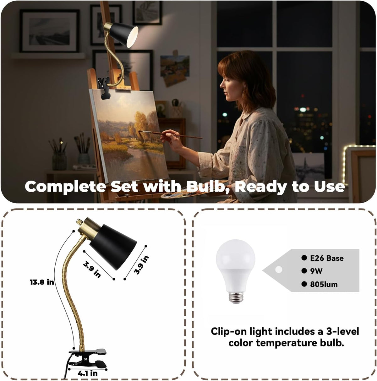 Desk lamp Eye-Caring Table Lamps, 360°Rotation Gooseneck Clip Lamp