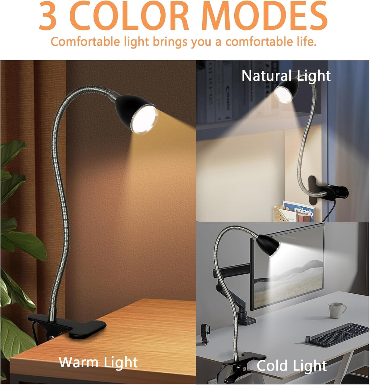 Desk lamp Eye-Caring Table Lamps, 360°Rotation Gooseneck Clip Lamp