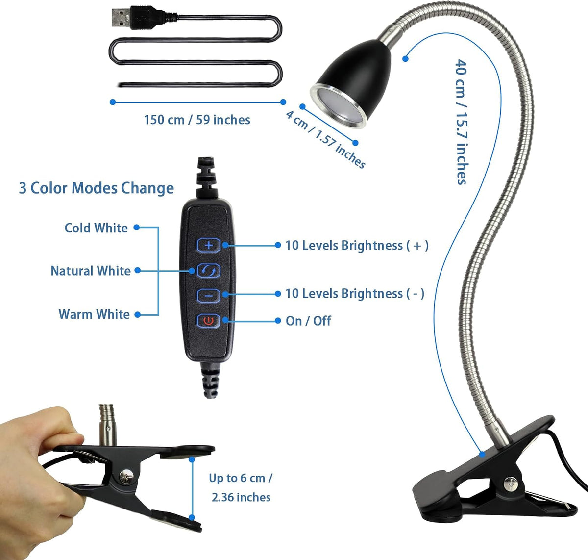 Desk lamp Eye-Caring Table Lamps, 360°Rotation Gooseneck Clip Lamp