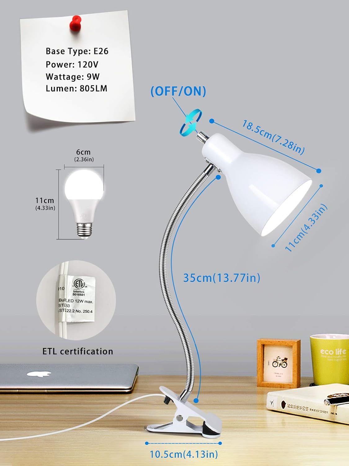 Desk lamp Eye-Caring Table Lamps, 360°Rotation Gooseneck Clip Lamp