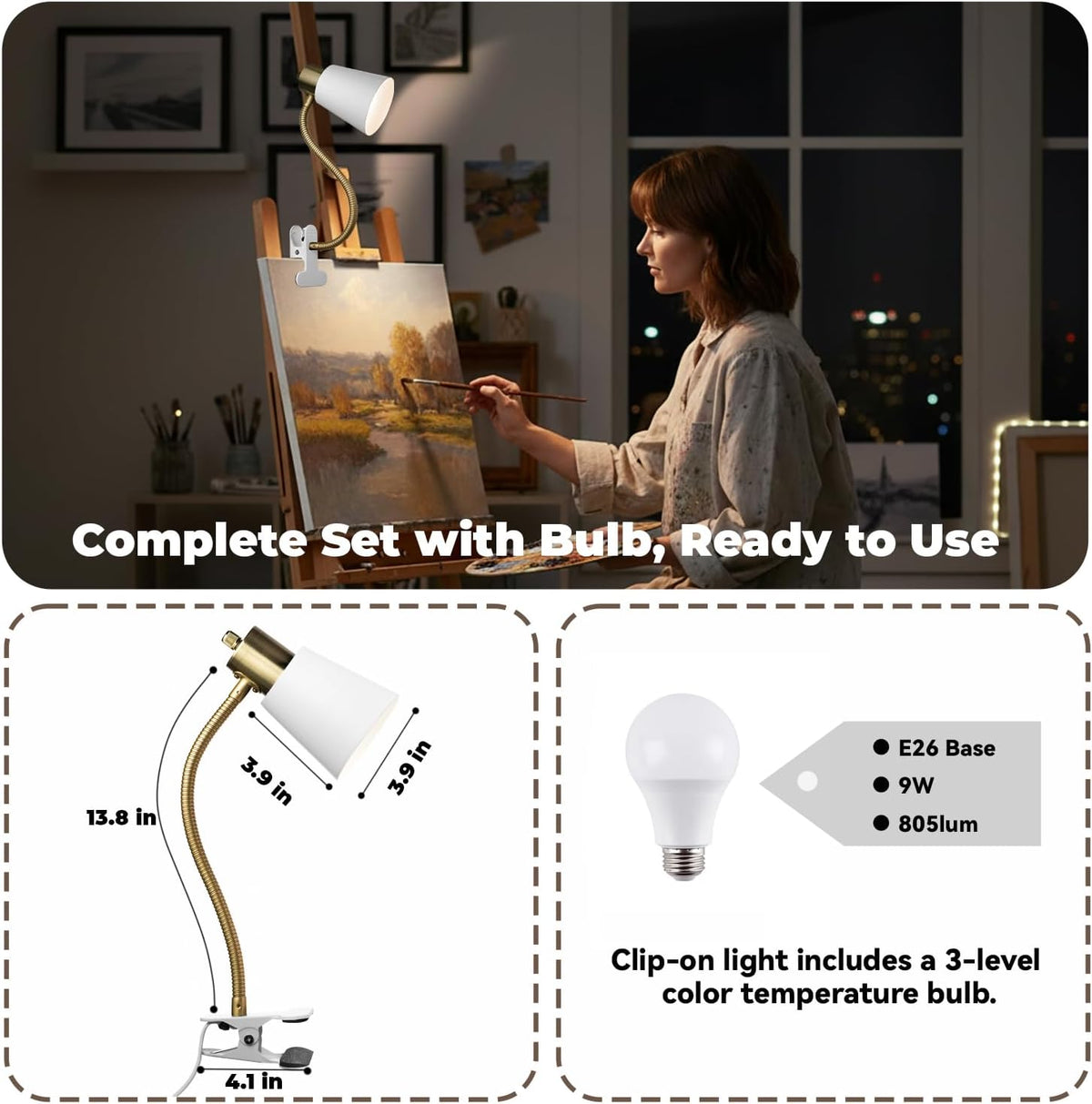 Desk lamp Eye-Caring Table Lamps, 360°Rotation Gooseneck Clip Lamp