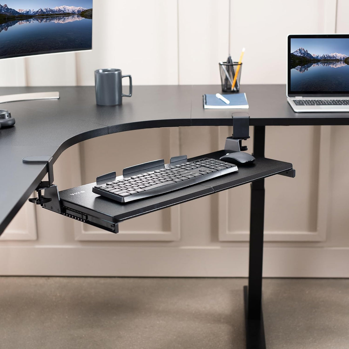 Black Clamp-on 27 x 11 in Keyboard Tray for Corner Desk, MOUNT-KB10C