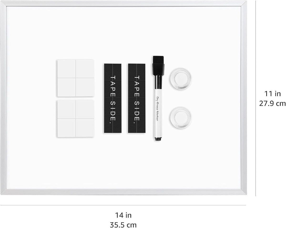Small Dry Erase Whiteboard, Magnetic Bulletin Board, with Marker and Magnets, 11"W x 14"H, Aluminum Frame
