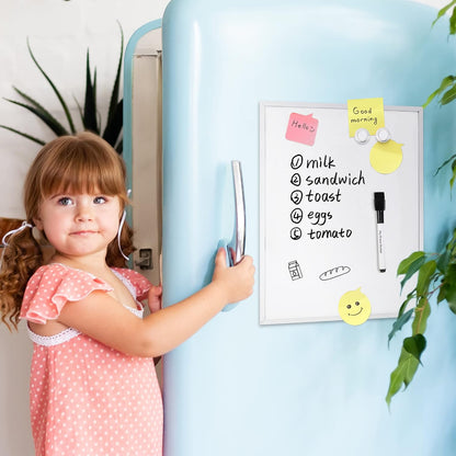 Small Dry Erase Whiteboard, Magnetic Bulletin Board, with Marker and Magnets, 11"W x 14"H, Aluminum Frame