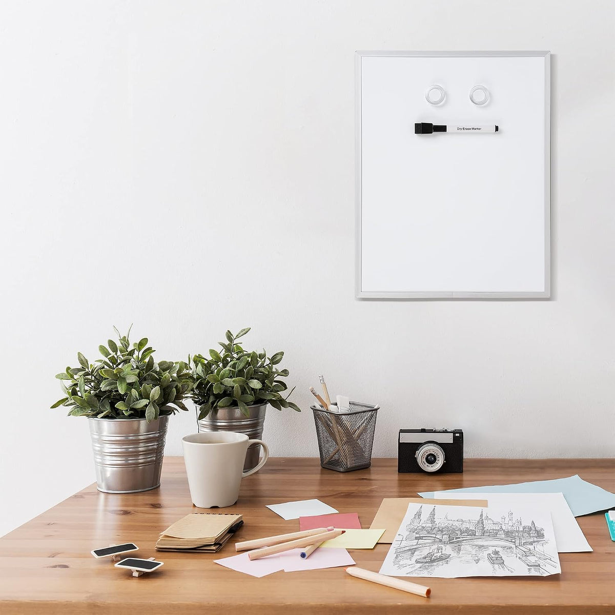 Small Dry Erase Whiteboard, Magnetic Bulletin Board, with Marker and Magnets, 11"W x 14"H, Aluminum Frame