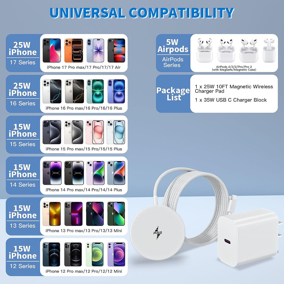 [Apple Certified] Magnetic Wireless Charger, 10FT Long 25W iPhone Magsafe Charger Fast Phone Charging Pad Wireless Magnetic Braid Cable Charge for iPhone 17/17 Pro/17 Pro Max/Air/16 ProMax/15/14/13/12