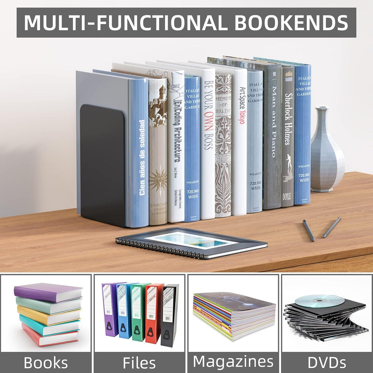 Bookends 1 Pair, Black Metal Book Ends, Heavy Bookends for Shelves, Book Stopper for Heavy Books, Book Organizer for Home Office School Supplies