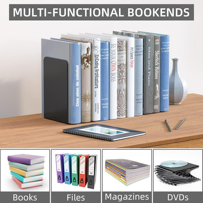 Bookends 1 Pair, Black Metal Book Ends, Heavy Bookends for Shelves, Book Stopper for Heavy Books, Book Organizer for Home Office School Supplies