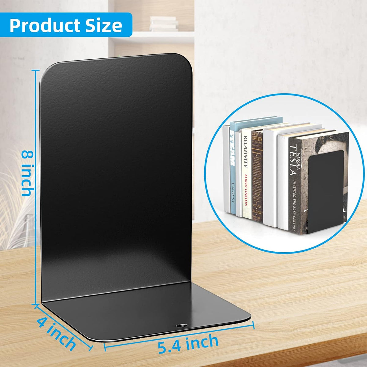 Bookends 1 Pair, Black Metal Book Ends, Heavy Bookends for Shelves, Book Stopper for Heavy Books, Book Organizer for Home Office School Supplies