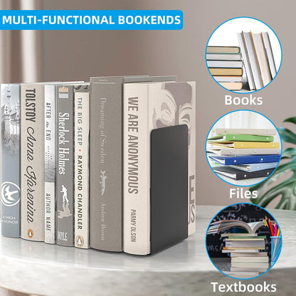 Bookends 1 Pair, Black Metal Book Ends, Heavy Bookends for Shelves, Book Stopper for Heavy Books, Book Organizer for Home Office School Supplies