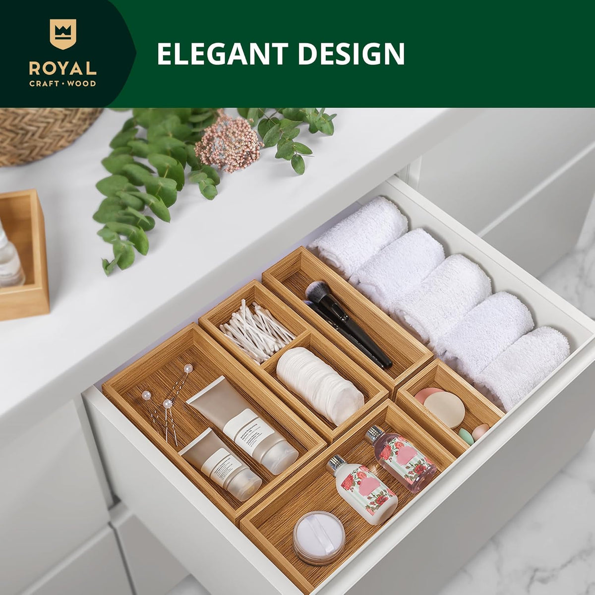 5-Piece Bamboo Drawer Organizer Set – Multi-Use Storage Trays for Kitchen, Bathroom, Office, Makeup, Jewelry & More – Junk Drawer Tray, Utensil Holder, Storage Box & Bin Set (5 Boxes)