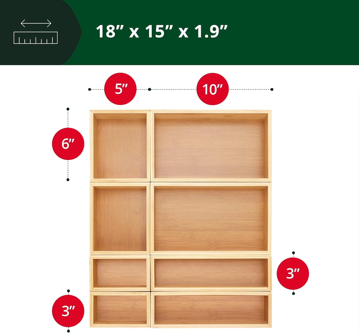 5-Piece Bamboo Drawer Organizer Set – Multi-Use Storage Trays for Kitchen, Bathroom, Office, Makeup, Jewelry & More – Junk Drawer Tray, Utensil Holder, Storage Box & Bin Set (5 Boxes)