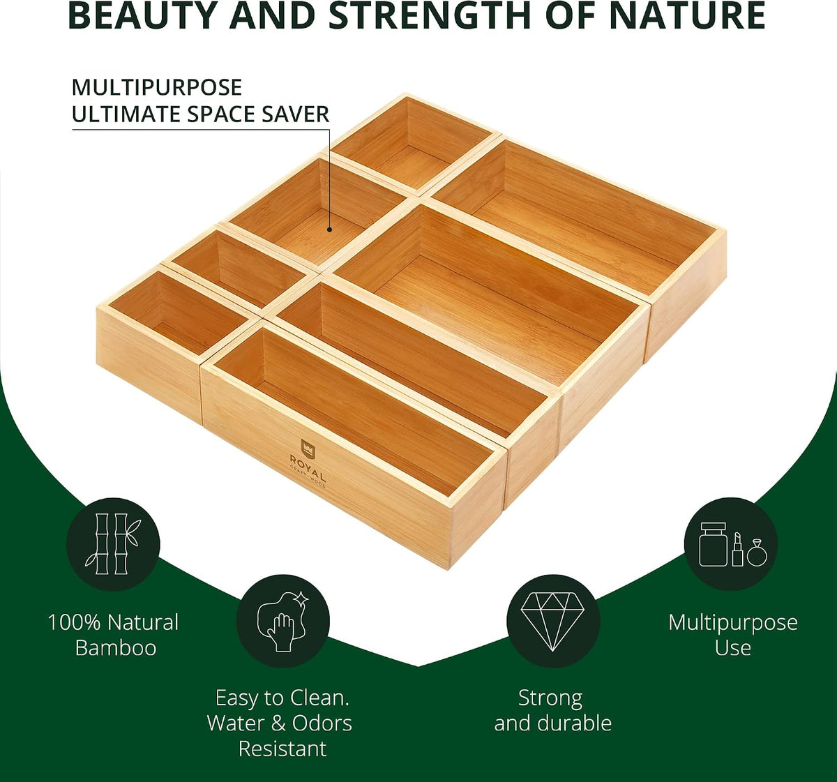 5-Piece Bamboo Drawer Organizer Set – Multi-Use Storage Trays for Kitchen, Bathroom, Office, Makeup, Jewelry & More – Junk Drawer Tray, Utensil Holder, Storage Box & Bin Set (5 Boxes)