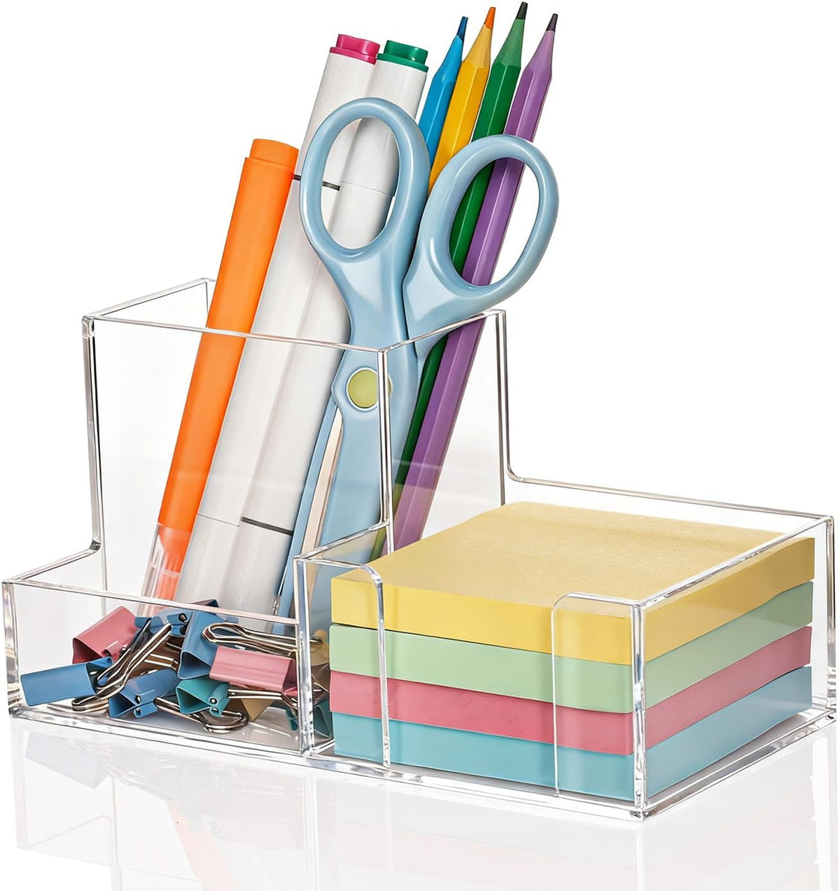 Pen Holder for Desk Clear Pencil Holder with Sticky Notes Holder Acrylic 3 Compartments Desk Organizer Office Desk Accessories for Office, School, Home, Makeup Brush Holder for Bedroom Bathroom