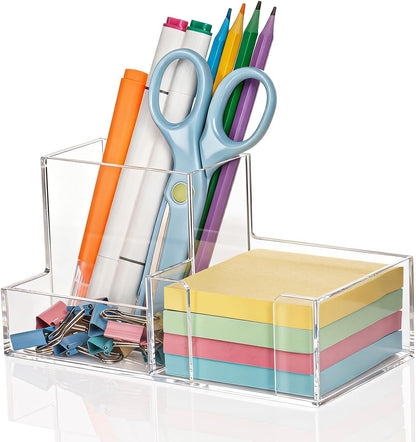 Pen Holder for Desk Clear Pencil Holder with Sticky Notes Holder Acrylic 3 Compartments Desk Organizer Office Desk Accessories for Office, School, Home, Makeup Brush Holder for Bedroom Bathroom