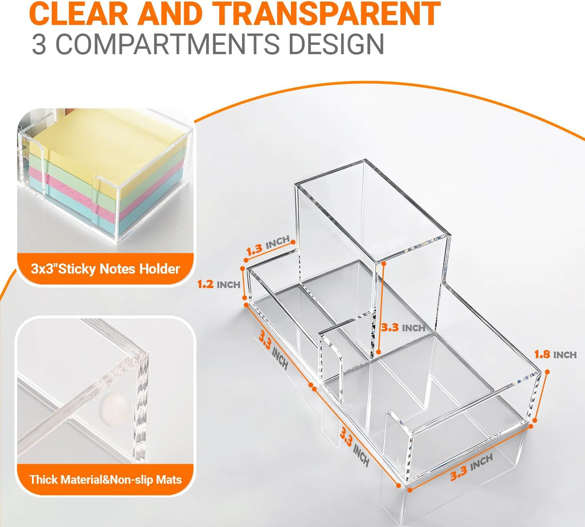 Pen Holder for Desk Clear Pencil Holder with Sticky Notes Holder Acrylic 3 Compartments Desk Organizer Office Desk Accessories for Office, School, Home, Makeup Brush Holder for Bedroom Bathroom