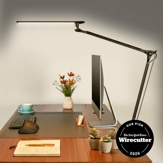 E7 LED Desk Lamp with Clamp - Adjustable 3 Color Modes, Dimmable Black Architect Light for Standing Desk, Home Office, Dual Monitor Computer Work