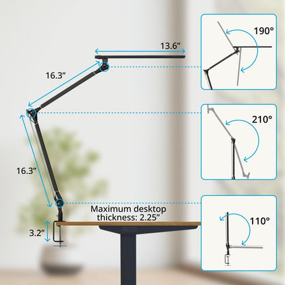 E7 LED Desk Lamp with Clamp - Adjustable 3 Color Modes, Dimmable Black Architect Light for Standing Desk, Home Office, Dual Monitor Computer Work