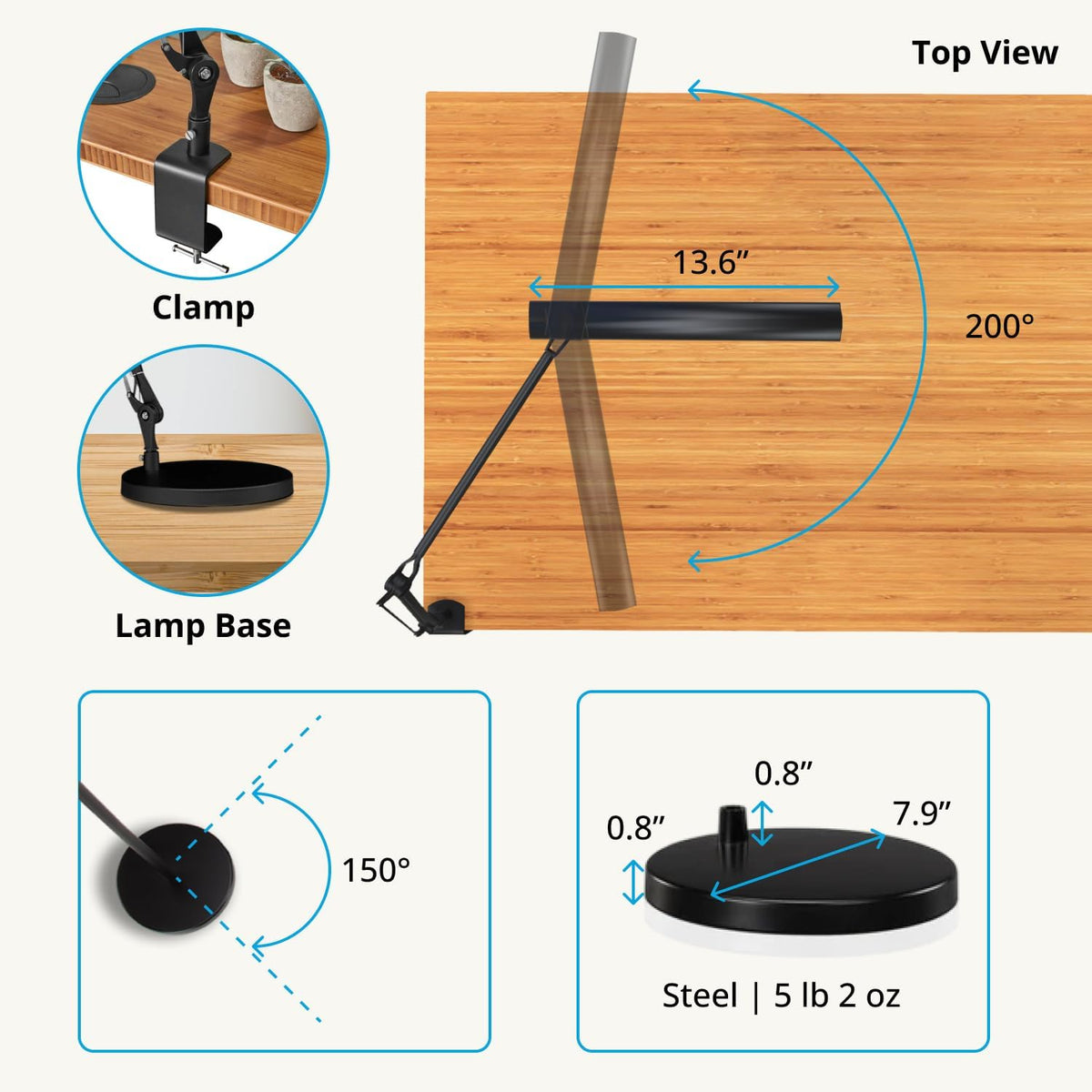 E7 LED Desk Lamp with Clamp - Adjustable 3 Color Modes, Dimmable Black Architect Light for Standing Desk, Home Office, Dual Monitor Computer Work