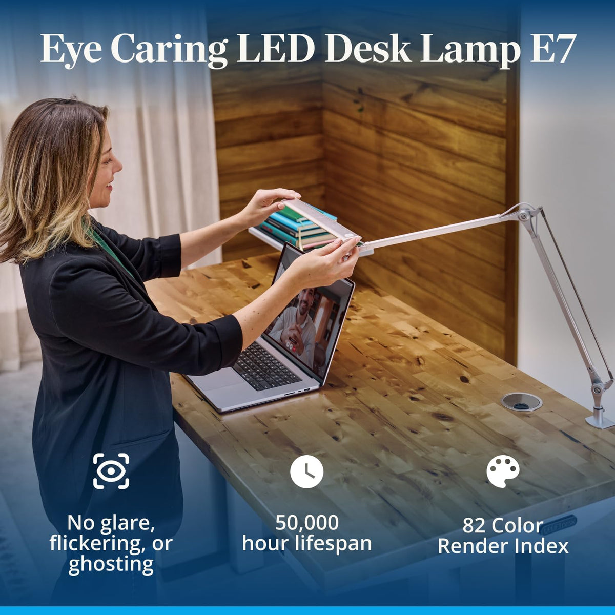 E7 LED Desk Lamp with Clamp - Adjustable 3 Color Modes, Dimmable Black Architect Light for Standing Desk, Home Office, Dual Monitor Computer Work