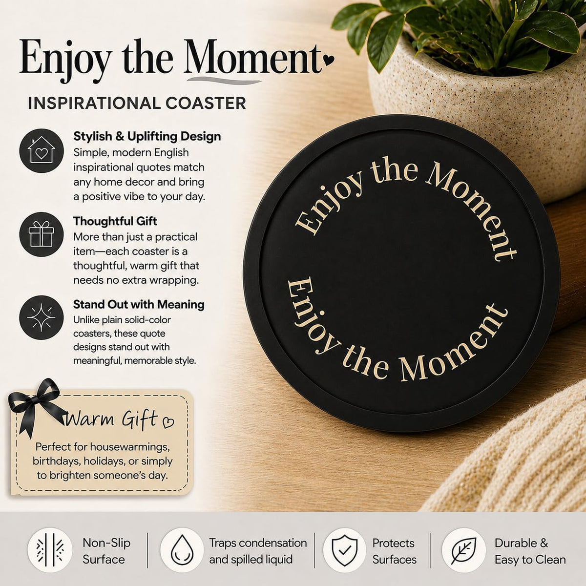Silicone Coasters Set of 6, Premium Drink Coaster with Holder, Non-Slip, Non-Stick, Dishwasher Safe, Perfect for Hot and Cold Drinks, Protect Your Desks and Tables(6 Black)