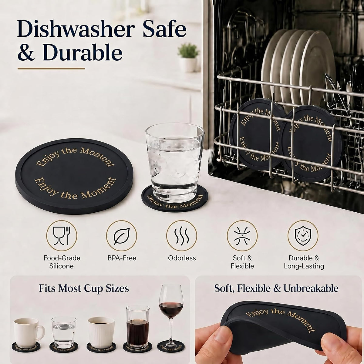 Silicone Coasters Set of 6, Premium Drink Coaster with Holder, Non-Slip, Non-Stick, Dishwasher Safe, Perfect for Hot and Cold Drinks, Protect Your Desks and Tables(6 Black)