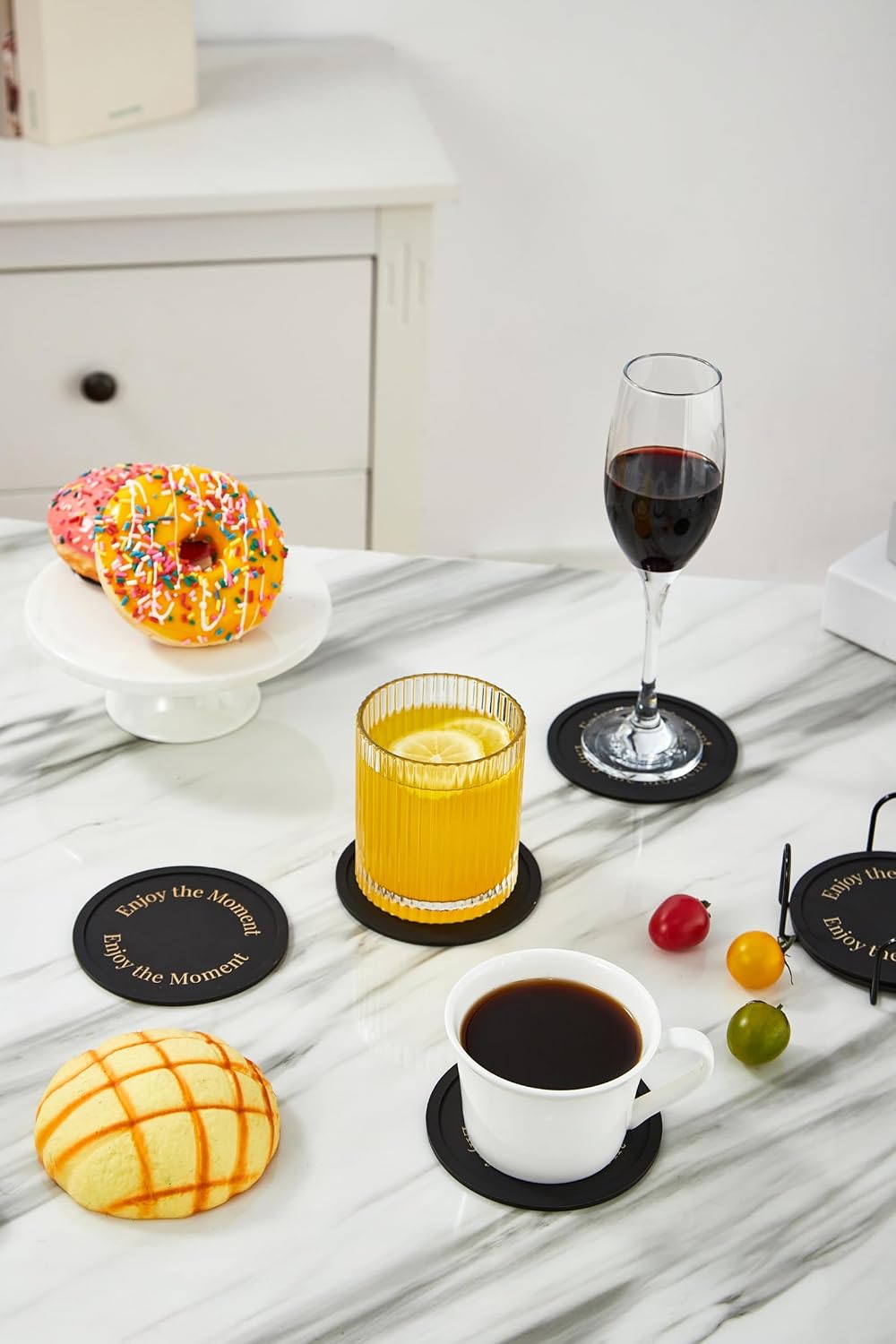 Silicone Coasters Set of 6, Premium Drink Coaster with Holder, Non-Slip, Non-Stick, Dishwasher Safe, Perfect for Hot and Cold Drinks, Protect Your Desks and Tables(6 Black)