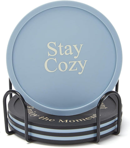 Silicone Coasters Set of 6, Premium Drink Coaster with Holder, Non-Slip, Non-Stick, Dishwasher Safe, Perfect for Hot and Cold Drinks, Protect Your Desks and Tables(6 Black)