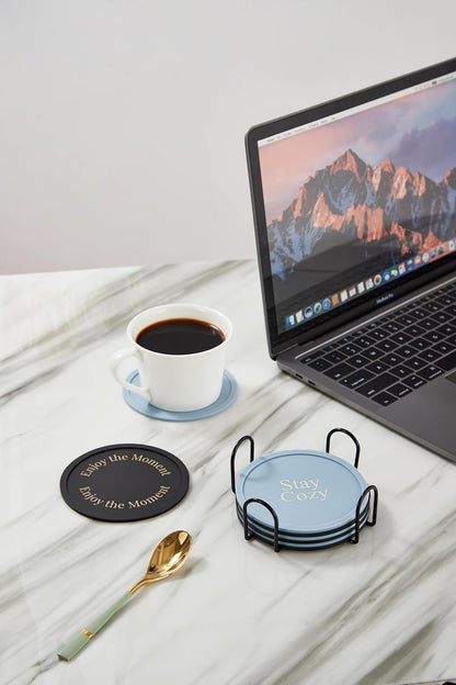 Silicone Coasters Set of 6, Premium Drink Coaster with Holder, Non-Slip, Non-Stick, Dishwasher Safe, Perfect for Hot and Cold Drinks, Protect Your Desks and Tables(6 Black)