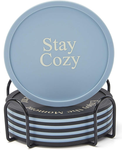 Silicone Coasters Set of 6, Premium Drink Coaster with Holder, Non-Slip, Non-Stick, Dishwasher Safe, Perfect for Hot and Cold Drinks, Protect Your Desks and Tables(6 Black)