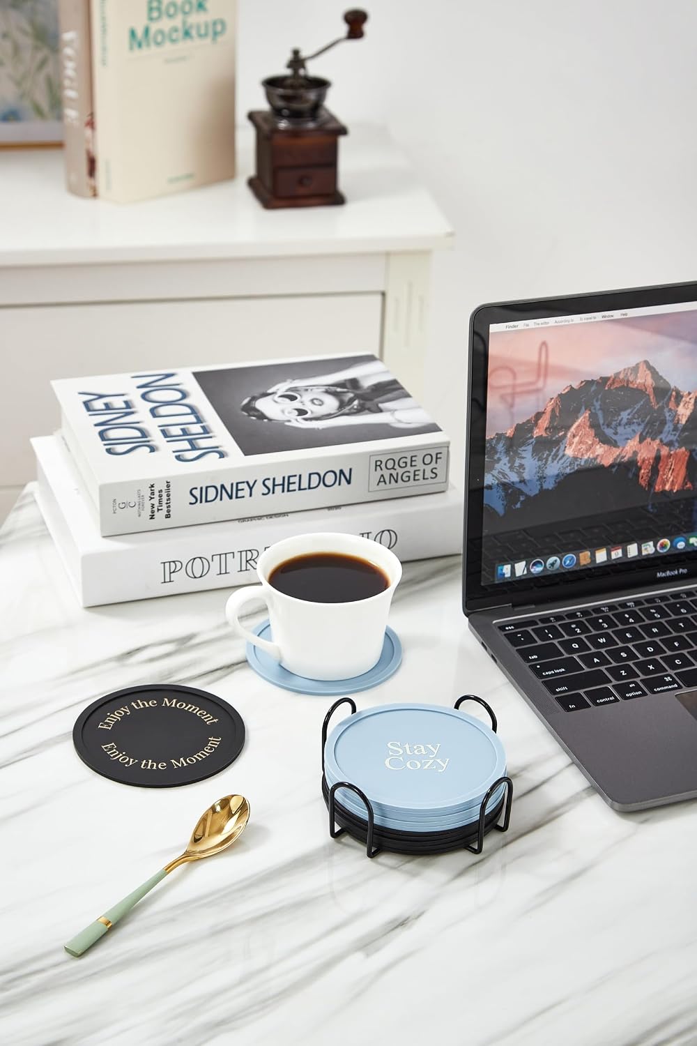 Silicone Coasters Set of 6, Premium Drink Coaster with Holder, Non-Slip, Non-Stick, Dishwasher Safe, Perfect for Hot and Cold Drinks, Protect Your Desks and Tables(6 Black)
