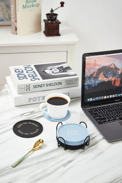 Silicone Coasters Set of 6, Premium Drink Coaster with Holder, Non-Slip, Non-Stick, Dishwasher Safe, Perfect for Hot and Cold Drinks, Protect Your Desks and Tables(6 Black)