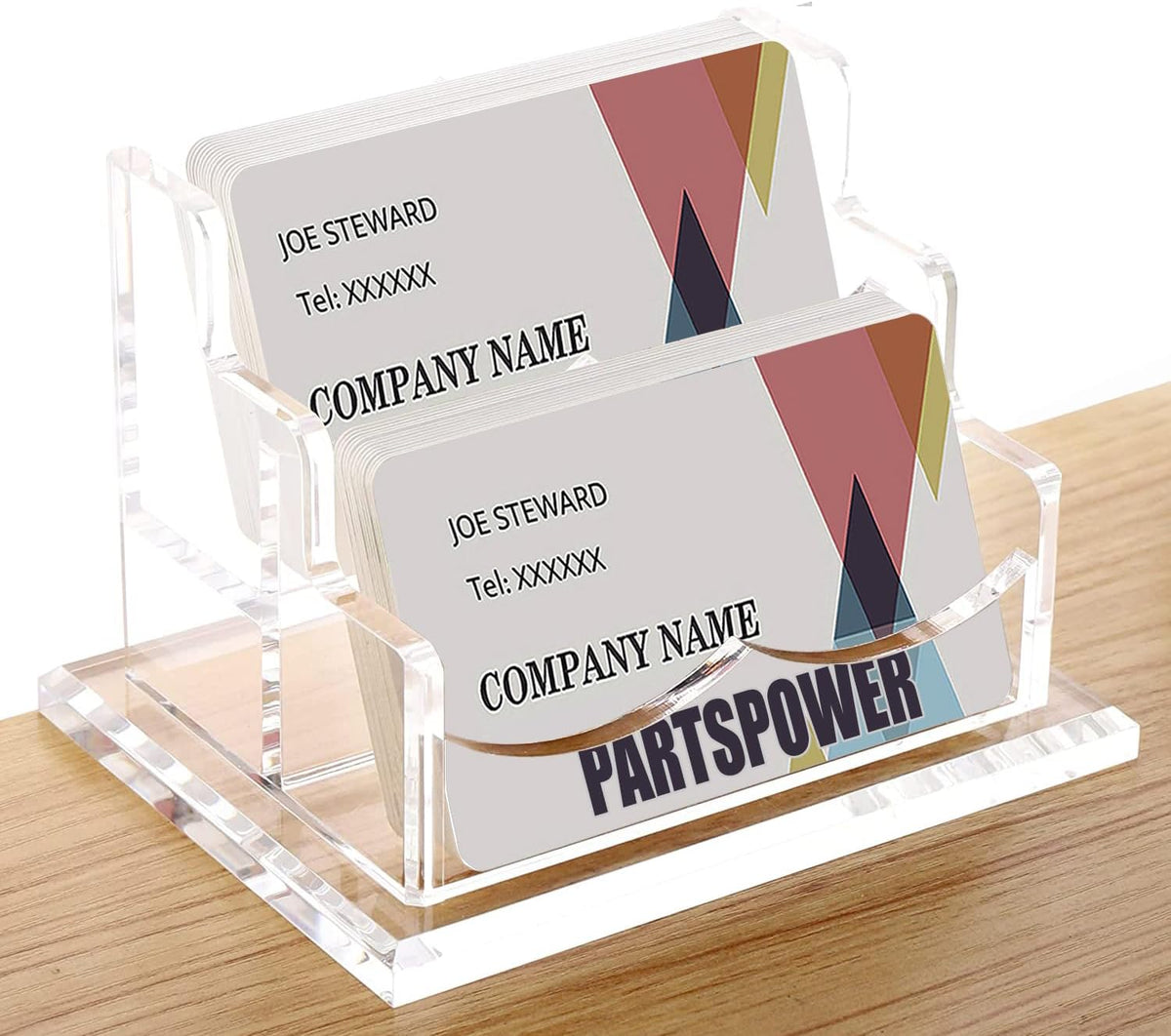 PARTSPOWER Acrylic Business Card Holder for Desk, Horizontal Clear Business Name Card Display Stand, Desk Accessory Business Name Card Organizer (Horizontal, 2-Slot)