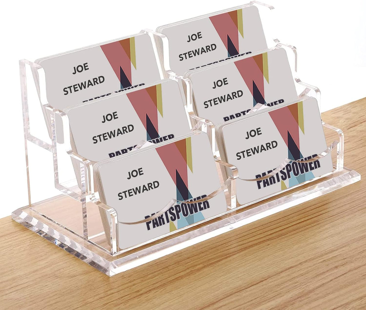 PARTSPOWER Acrylic Business Card Holder for Desk, Horizontal Clear Business Name Card Display Stand, Desk Accessory Business Name Card Organizer (Horizontal, 2-Slot)