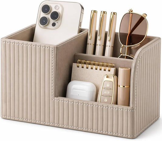 KINGFOM Desk Pen Organizer Office Supplies Caddy Pu Leather Multi-function Storage Box Pen/Pencil,Cell phone, Business Name Cards Remote Control Holder (Mocha Beige)