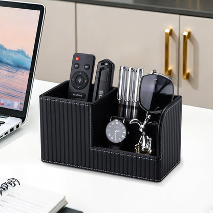KINGFOM Desk Pen Organizer Office Supplies Caddy Pu Leather Multi-function Storage Box Pen/Pencil,Cell phone, Business Name Cards Remote Control Holder (Mocha Beige)