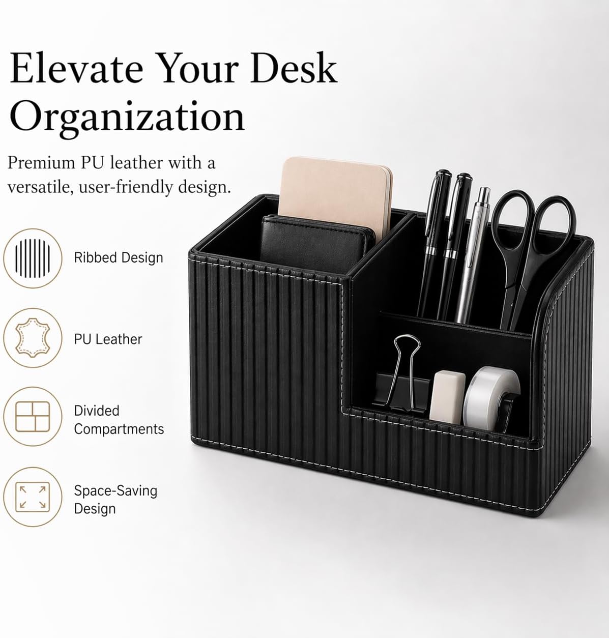 KINGFOM Desk Pen Organizer Office Supplies Caddy Pu Leather Multi-function Storage Box Pen/Pencil,Cell phone, Business Name Cards Remote Control Holder (Mocha Beige)
