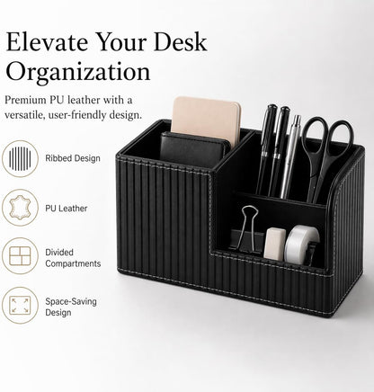 KINGFOM Desk Pen Organizer Office Supplies Caddy Pu Leather Multi-function Storage Box Pen/Pencil,Cell phone, Business Name Cards Remote Control Holder (Mocha Beige)