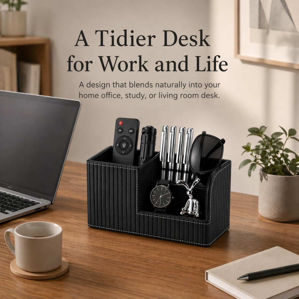 KINGFOM Desk Pen Organizer Office Supplies Caddy Pu Leather Multi-function Storage Box Pen/Pencil,Cell phone, Business Name Cards Remote Control Holder (Mocha Beige)