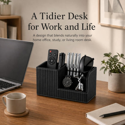 KINGFOM Desk Pen Organizer Office Supplies Caddy Pu Leather Multi-function Storage Box Pen/Pencil,Cell phone, Business Name Cards Remote Control Holder (Mocha Beige)