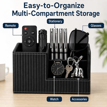 KINGFOM Desk Pen Organizer Office Supplies Caddy Pu Leather Multi-function Storage Box Pen/Pencil,Cell phone, Business Name Cards Remote Control Holder (Mocha Beige)