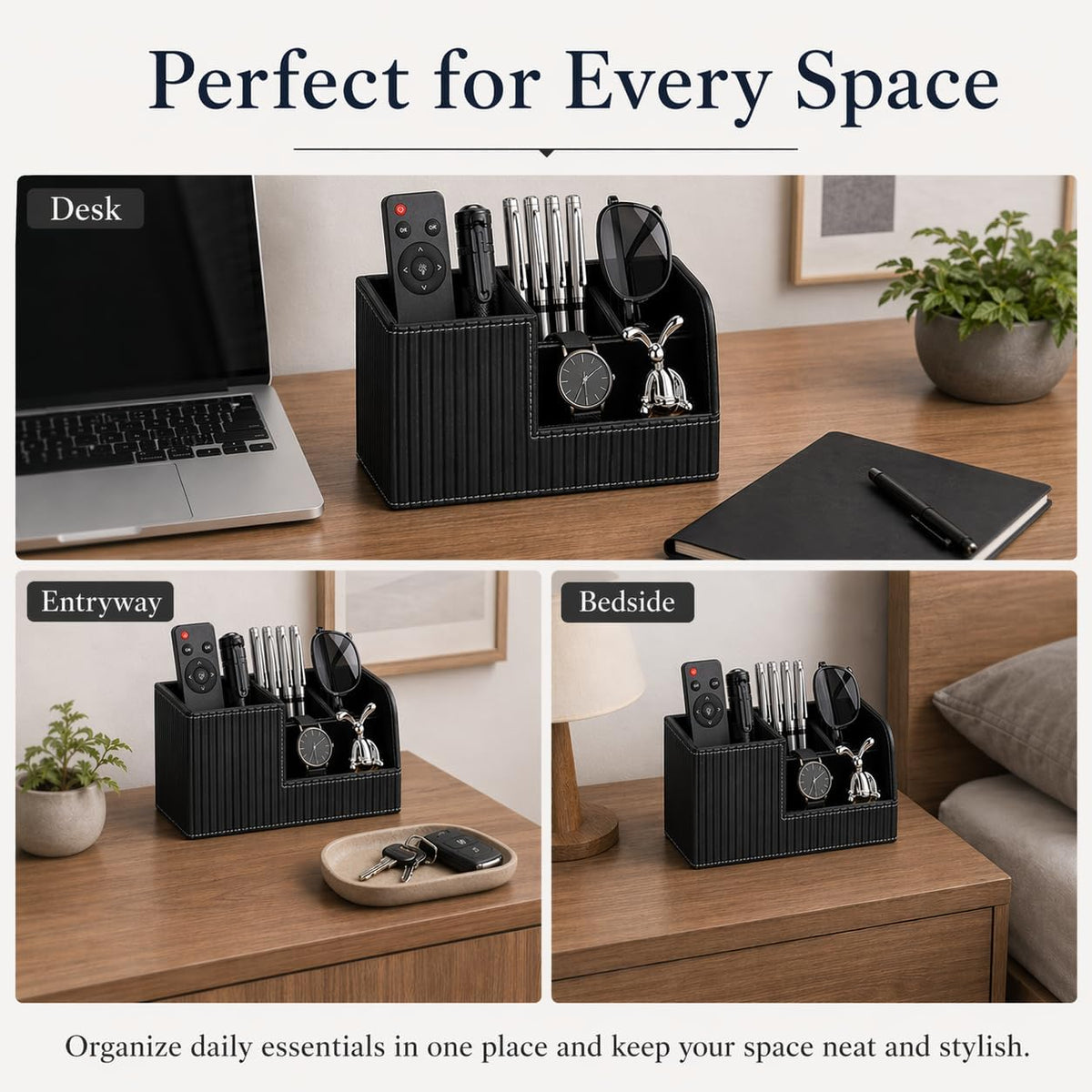 KINGFOM Desk Pen Organizer Office Supplies Caddy Pu Leather Multi-function Storage Box Pen/Pencil,Cell phone, Business Name Cards Remote Control Holder (Mocha Beige)