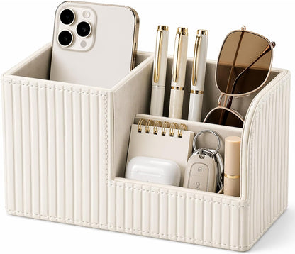KINGFOM Desk Pen Organizer Office Supplies Caddy Pu Leather Multi-function Storage Box Pen/Pencil,Cell phone, Business Name Cards Remote Control Holder (Mocha Beige)