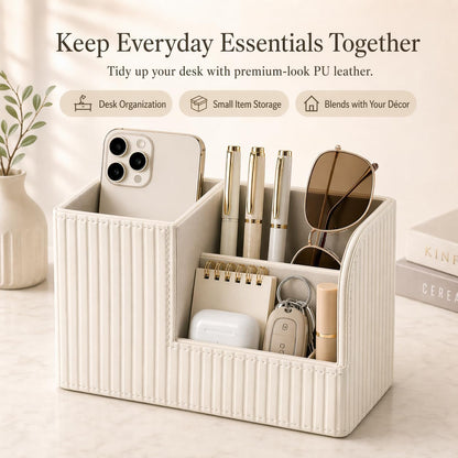KINGFOM Desk Pen Organizer Office Supplies Caddy Pu Leather Multi-function Storage Box Pen/Pencil,Cell phone, Business Name Cards Remote Control Holder (Mocha Beige)